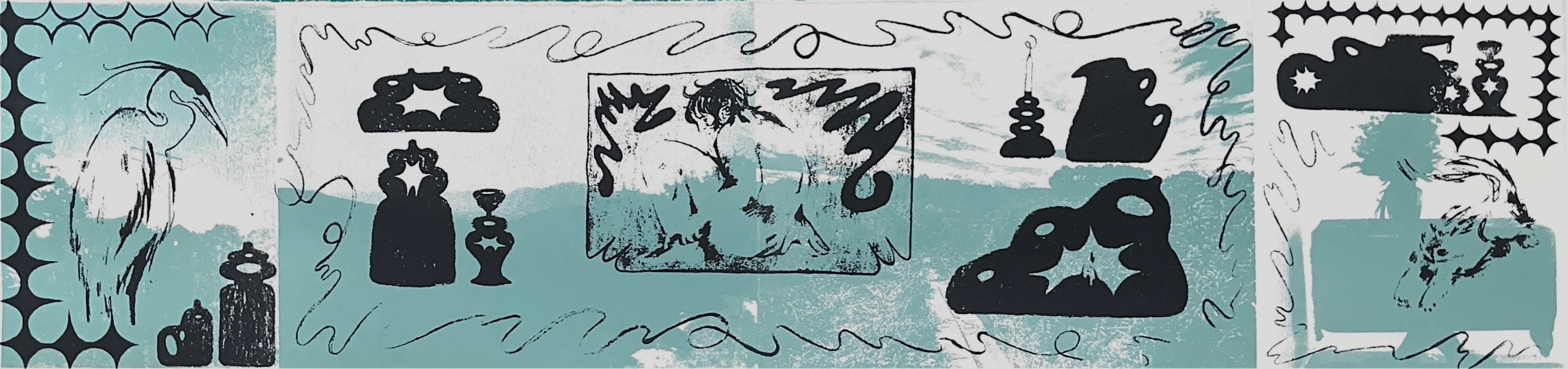 An image of a screenprinted series of images with drawings in black overlaying halftone landscapes